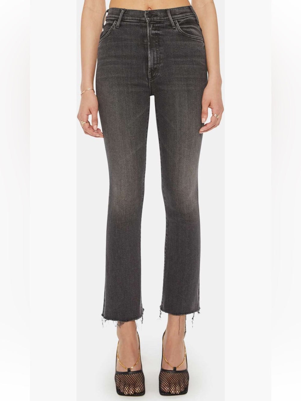 MOTHER Hustler High Waisted Fray Hem Ankle Bootcut-Black-Size 25